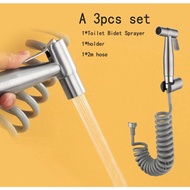 A SET SLIVER Bathroom 3 in 1 SUS304 Stainless Steel Bidet Spray Toilet Bidet Rinse Set with Holder &amp; 2 metre hose