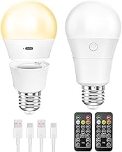 Qoolife LED Light Bulb with Remote Control, E27 USB-C Rechargeable Bulbs with Battery, 3 Colours, Di