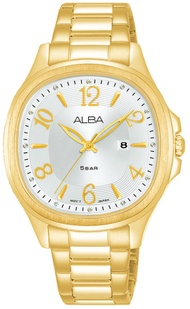 นาฬิกาข้อมือผู้หญิง ALBA FASHION รุ่น AH7X48X1 ขนาดตัวเรือน 34 มม. มีวันที่ Quartz 3 เข็ม หน้าปัดสีเงิน ตัวเรือน และ สาย Stainless steel สีทอง