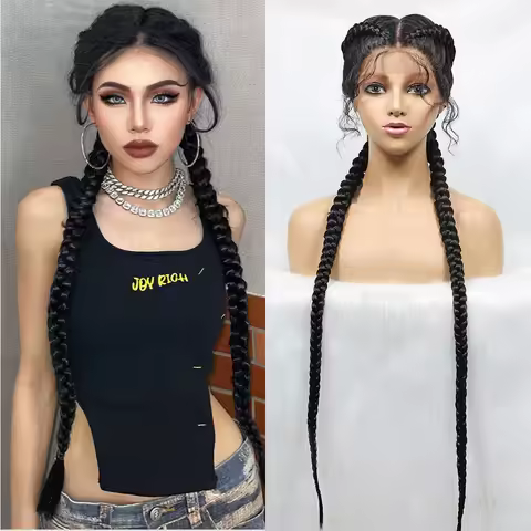 Synthetic Cornrow Braided Wigs Natural Black Braided Lace Front Wig Double Dutch Braids 100% Hand Ma