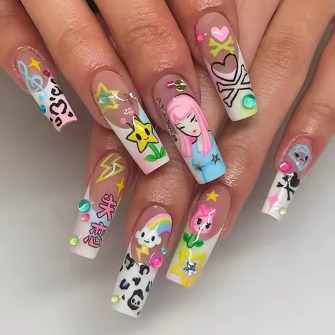 24Pcs Y2K Japanese Cartoon Girl Rainbow Long Press On Nails, Cute Reusable Wearable Nails For Daily