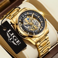 Lige นาฬิกาควอทซ์แฟชั่นสำหรับผู้ชายสีทองนาฬิกาข้อมือสำหรับผู้ชายย้อนยุค Jam Tangan Tahan Air olahraga หรูหรา