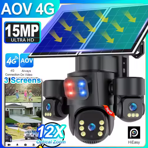 AOV 4G LTE Outdoor Surveillance Camera 15MP Solar Camera Three Len 12X Optical Zoom PTZ 24/7 Recordi