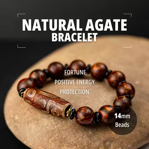 14mm Natural Stone Bracelet Agate Beads Bracelet 9-Eyed Dzi Beads Healing Stone Bracelet for Man Wom