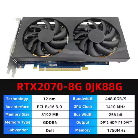 NVIDIA RTX 2070 8G GPU 0JK88G graphics card 8GB GDDR6 256bit PCI-E 3.0 DVI HDMI DP PSU 450W For Game