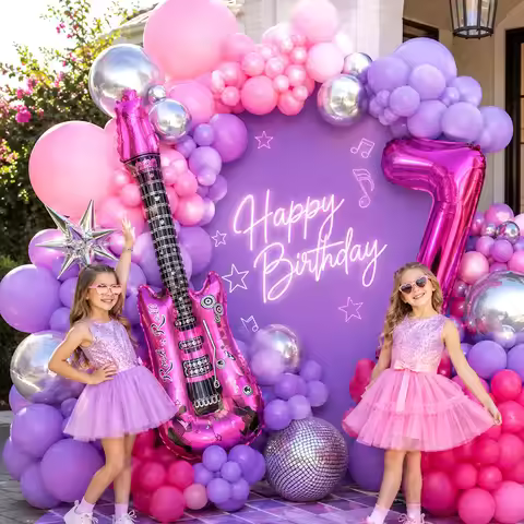Purple Guitar Balloon Set Music Birthday Party Decoration Ballons Set Golden Four-Pointed Stars, 32-