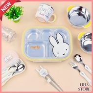 Miffy Tableware SET Stainless Steel 304 Non-slip Bowl+Cup Kids Miffy Food tray Tableware Chopsticks 