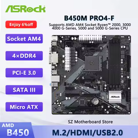 Placa base ASROCK B450M PRO4-F AMD B450 AM4 para AMD Ryzen 7/5/3 5800X3D 5600X 3100 CPU 4 × DDR4 HDM