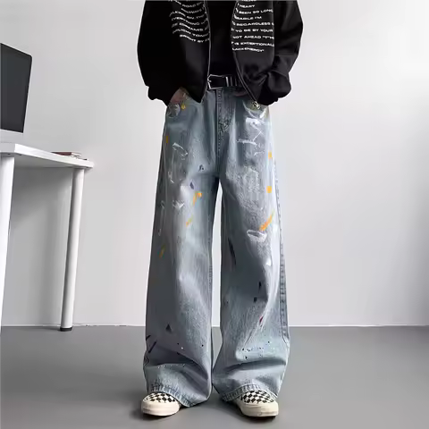 Men's Denim Pants Autumn American Baggy Jeans Fashionable Painted Casual Pants