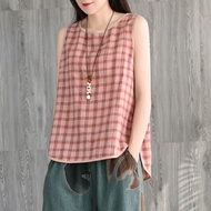 Vest for Women 2024 Summer New Loose Large Size Plaid Cotton Linen Vest Retro Artistic Vest for Wome