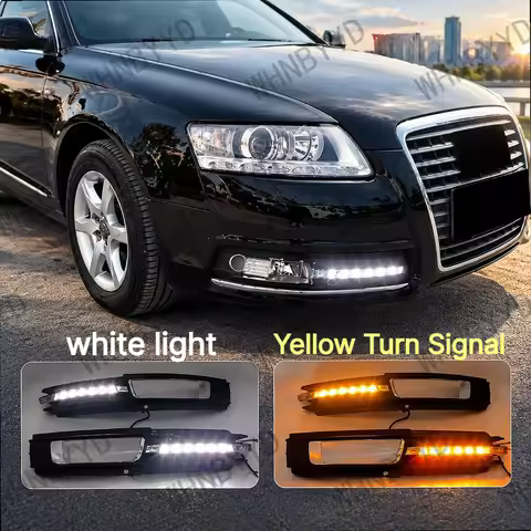 1Pair For Audi A6 C6 2009 2010 2011 Car LED DRL with Yellow Turn Signal Daytime Running Light Fog La
