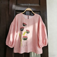 ZANZEA Women Sping Streetwear Lotus Root Print 3/4 Sleeve Blouses Crew Neck Loose Basics Top #0323
