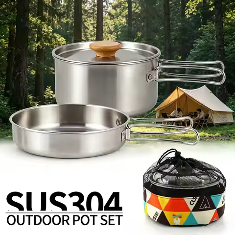 CLS&NOBANA 2pcs Camping Pot Set 304 Stainless Steel Outdoor Cookware Kit Cooking Set Travel Tablewar