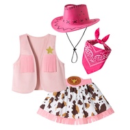 Girls Western Cowgirl Costume Pink Dress Vest Set 4PCS Role Play Party Performance Outfit