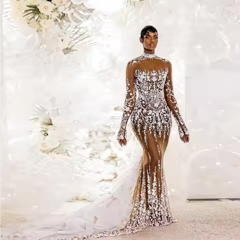 Gorgeous Applique Long Wedding Dress Beaded Lace Mermaid Bride Dresses Beading See Through Illusion 