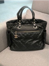 全新正品Chanel 香奈兒 黑色Paris- Biarritz 雙口袋比亞里茲菱格紋肩背包/購 物包/大方包