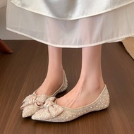 2 Colors Large Size 35-43 French Style Square Toe Pumps Flat Shoes Rhinestone Bow Sweet Style 2026 S