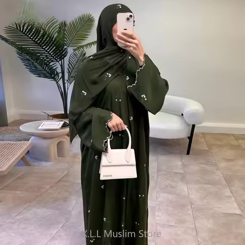 Luxury Fashion Floral Embroidered Cardigan Muslim Women Modest Dress Islamic Femme Vacation Outfit 2