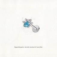 Nora Ana Blue Zircon Paw Threaded Stud Flatback Earring Titanium ASTM-F136 Surgical Implant Grade