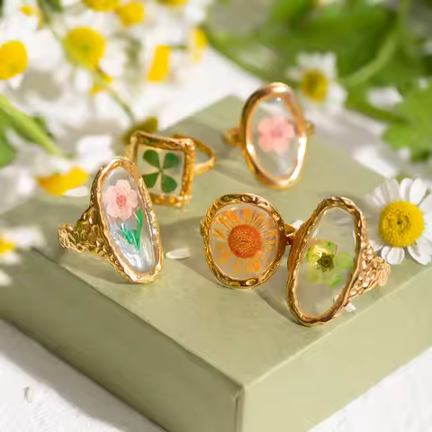 Unique Round Aeonium Plant 18k Gold Plated Stainless SteelOrange Sunflower Dried Flower Ring for Wom