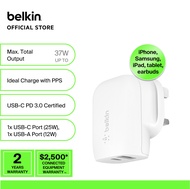 Belkin WCB007myWH BoostCharge Dual Wall Charger with PPS 37W (iphone15,samsung,ipad,tablet,earbuds &amp; more)