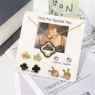 5Pcs/set Earrings Necklace Set for Women Ladies Ear Clip Earrings Four-Leaf Clover Necklace