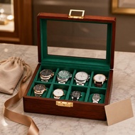 Wooden Watch Box Glass Lid 8-Slot Watch Box Divided Compartments Dust Protection