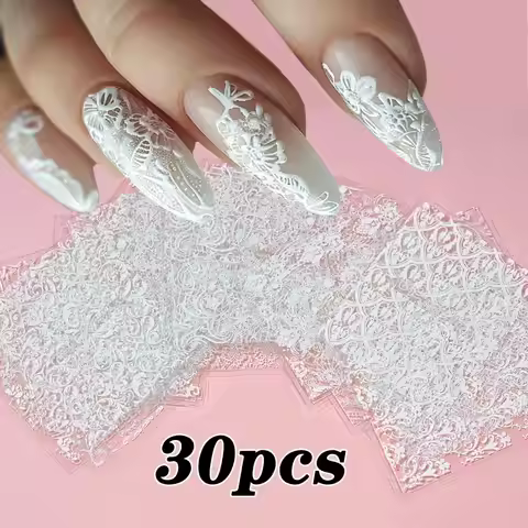 30pcs 5D White Engraved Flower Nail Decals Lace French Design Floral Nail Art Stickers 5.5*6.5cm Whi