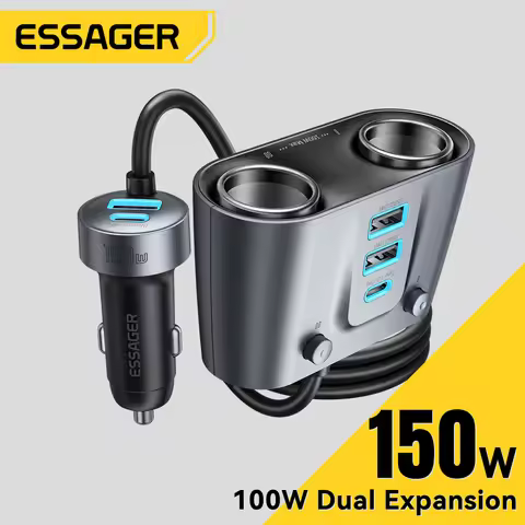 Essager 150W USB C Car Charger 2 in 1 100W Dual Cigarette Lighter Splitter 5 Ports QC 3.0 PD 3.0 Fas