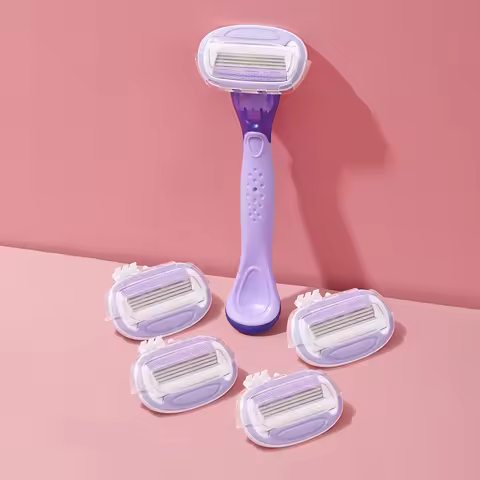 Women Razor 1 Handle 5 Cartridges Stainless Steel Blade Rubber Handle Reusable Body Hair Remove Razo