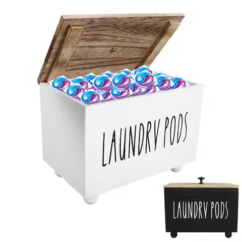 Laundry Pods Container Wooden Dishwasher Storage Box Washing Capsules Holder with Lid Multipurpose D