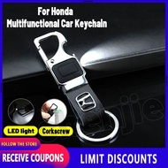 With LED light Multifunctional Leather Car keychain bottle opener keychain fashion alloy car key holder key ring metal motorcycle keychain car accessories For Honda Civic City CR-V Jazz Accord Odyssey Brio Mobilio Fit HR-V Pilot Shuttle Legend CR-Z CRX Fr
