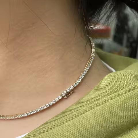 10ctw Round Lab Grown Diamond Tennis Necklace DEF VS-VVS 14KYellow Gold Prongs Setting Full Diamond 