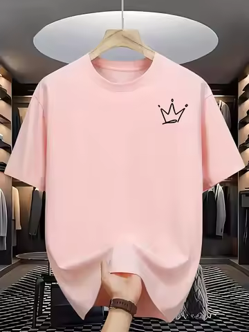 Men's Summer 100% Cotton Fashion Creative Crown Pattern Printed Casual Loose Sports Round Neck Short