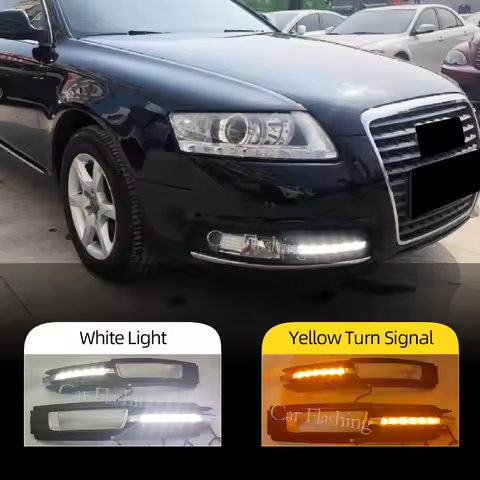 2PCS Car LED DRL For Audi A6 C6 2009 2010 2011 with Yellow Turn Signal Daytime Running Light Fog Lam