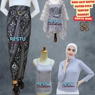 Oneset Rok Lilit Batik Motif Baru Cerry Silver/Outer Silver Cardigan dan Manset Wanita Kekinian Keba