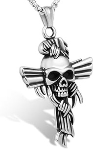 Stainless Steel Gothic Spiked Thorns Skulls Cross Necklace,Vintage Cross Biker Pendant Chain Jewelry