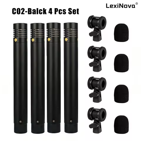 4 Pcs C02-Black Condenser Microphones Instruments Mic Kit XLR Interface Guitar Piano Pencil Type Pro