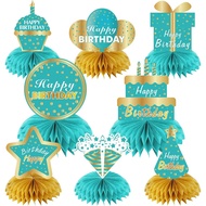 Teal and Gold Birthday Decorations Honeycomb Centerpiece for Women Girls, 8Pcs Breakfast Blue Gold H