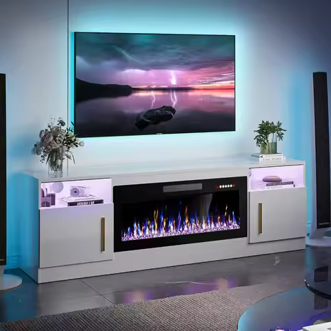 Fireplace with TV Stand 36" inch Electric Fireplace Up to 80" TVs, LED Light Entertainment Center, 7
