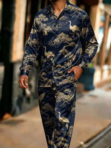 New rice brown blue mountain and river gilded long sleeved set, light luxury men's shirt, long pants