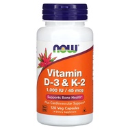 🌿 NEW Stock NOW Foods Vitamin D-3 &amp; K-2, 1000iu 120 Veg Capsules D3 K2 for Bone Cardiovascular Health