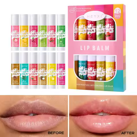 6/12Pcs Lip Balm Set Fruit Flavored 12Flavors Natural Lip Balm for Dry Cracked Lips Long Lasting Lip