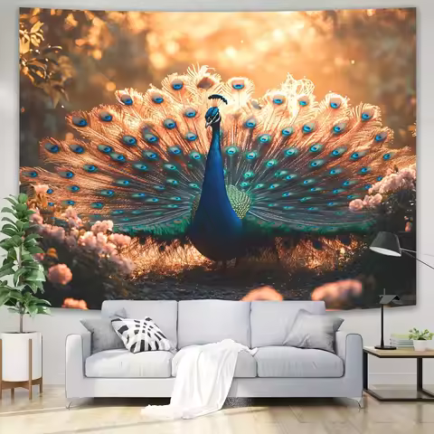 Vibrant Peacock Garden Wall Mural - Elegant Polyester Decorative Tapestry with Lush Foliage & Warm S