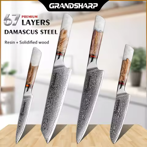 Grandsharp 1-4 Pieces Knife Set Damascus Steel 10Cr15C0Mov Steel Vegetables Fruit Slicer kiritsuke C