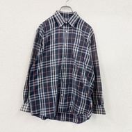 Burberry 長袖襯衫，格子圖案，海軍藍，L 碼，古著。