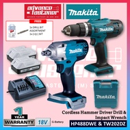 MAKITA HP488DWE & TW202DZ 18V G-Battery Cordless Hammer Driver Drill & Cordless Impact Wrench Combo 