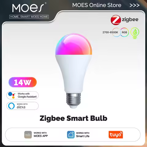 MOES ZigBee Tuya E27 14W RGB+CCT Smart LED Bulb Dimmable 2700K-6500K Compatible with Alexa Google Ho