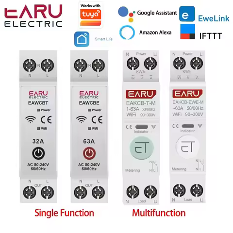 Tuya eWeLink WiFi Smart Circuit Breaker MCB 1P 63A Power Energy kWh Voltage Current Meter Protector 