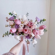 【鮮花】粉紫白色鬱金香玫瑰自然風格分束捧花